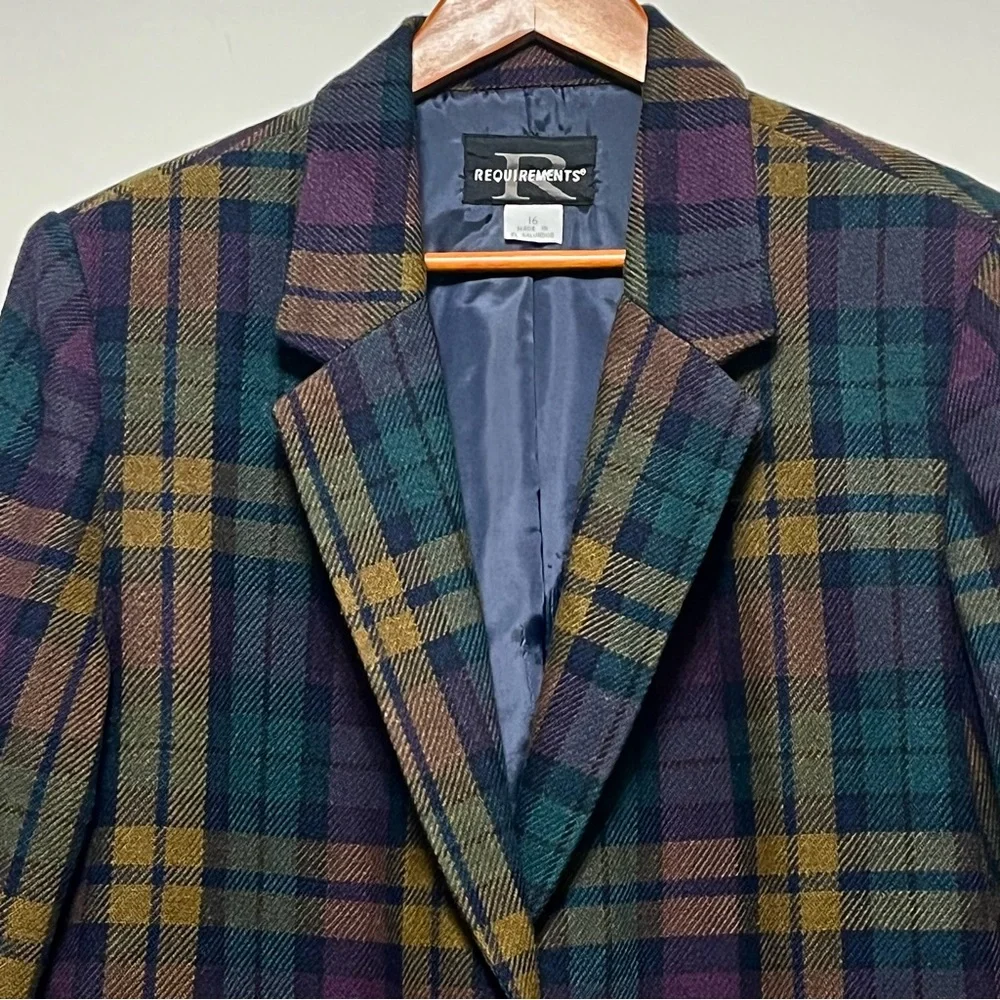 Vtg Requirements Wool Blend Blazer Womens Sz 16 Purple Green Tartan Plaid Jacket - Picture 4 of 16